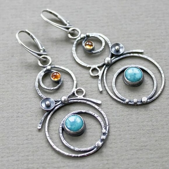 Artisan Style Earrings Blue Gemstone Chandelier Silver Tone 2 Inch - Picture 2 of 4